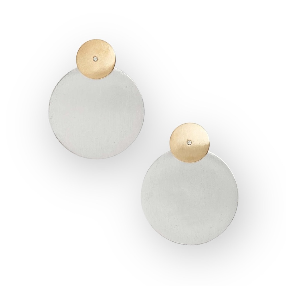 new Zen Sculptural Stack Disc ❉ Drop Earrings ❉ Gold Silver Tone ❉ Tiny Crystal - Picture 4 of 16